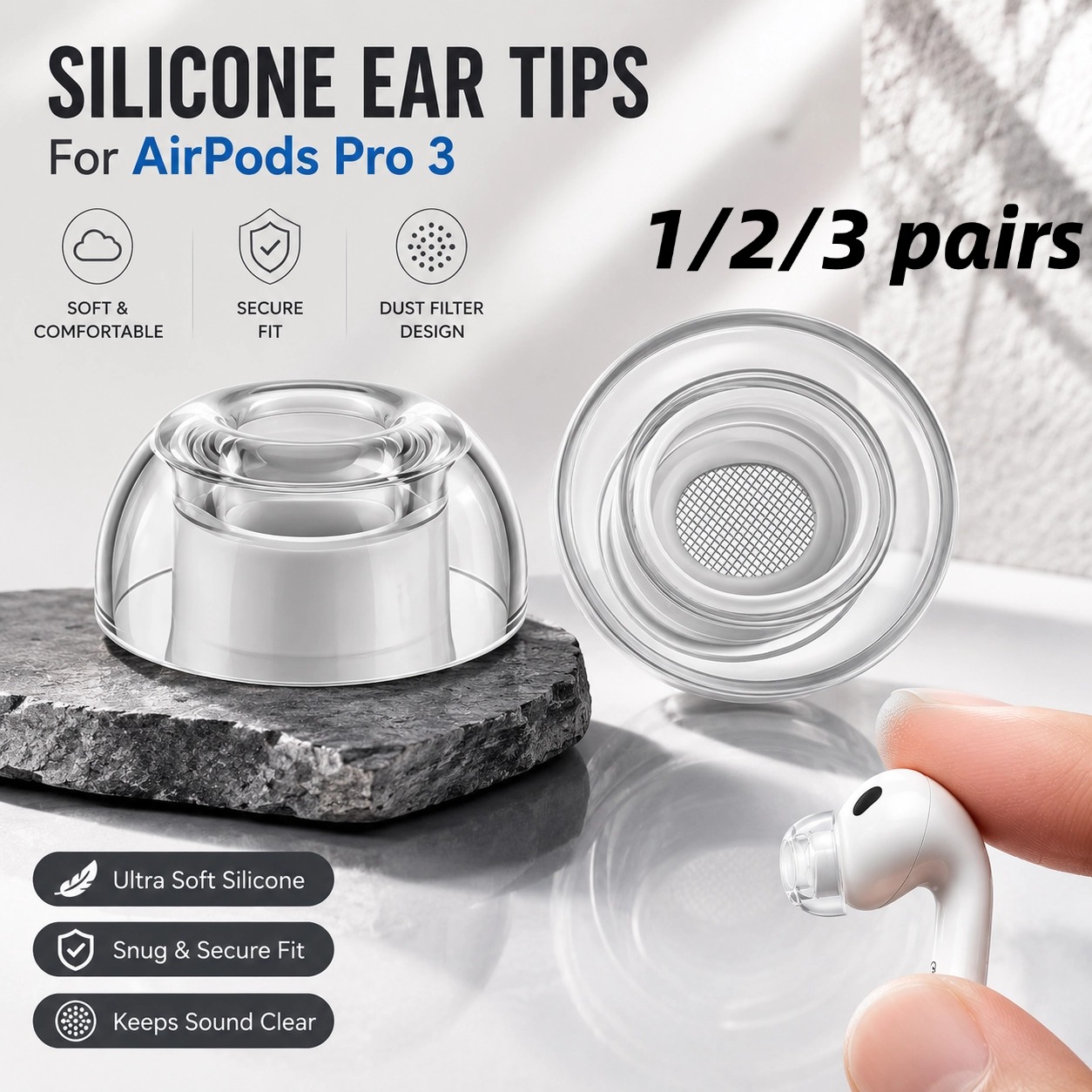 Silicone Ear Tip Replacement - 1/2/3Pairs Clear Liquid Silicone Ear Tips